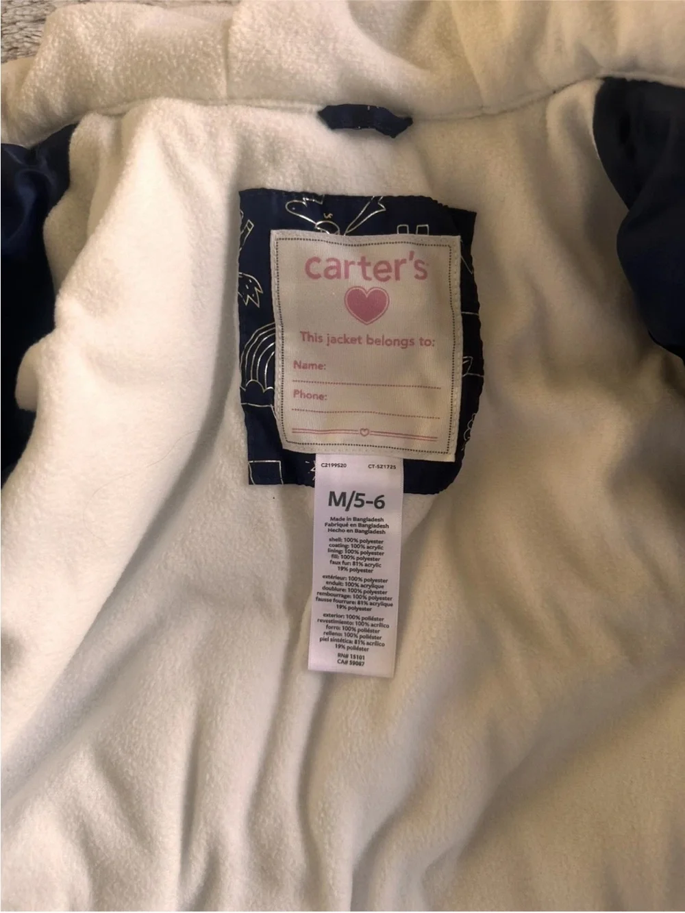 Carters girls Navy Blue Kids Puffer Snowsuit with Hood and Faux Fur Trim 5/6